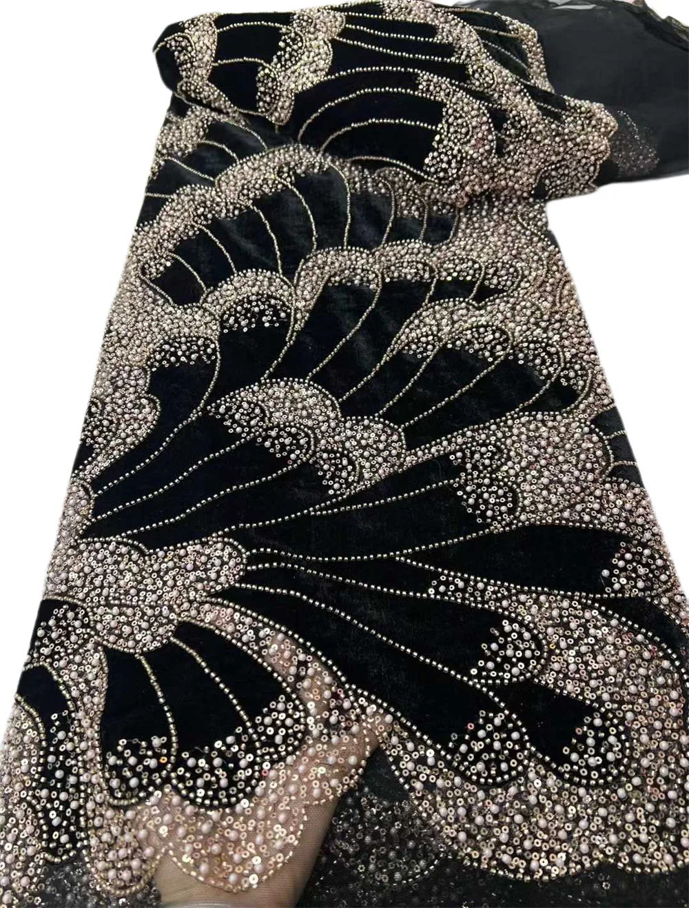 

New French Velvet Flower Lace Fabric With Beaded Sequins Embroidery For Wedding Party Dresses And African Nigerian Style Sewing