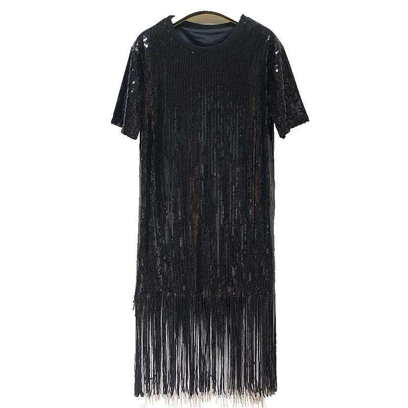 Cakucool Heavy Sequined Tassels X long Shirt Korean Design Round Neck Straight Long Shiny Silver blouse Sexy Evening Vestido