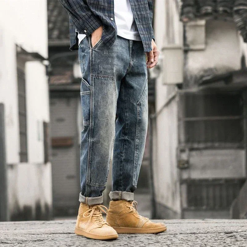 Men Cowboy Pants Spliced Straight Japanese Street Style Jeans Cargo Goth Harajuku Spring Autumn Denim 2026 Trend M358