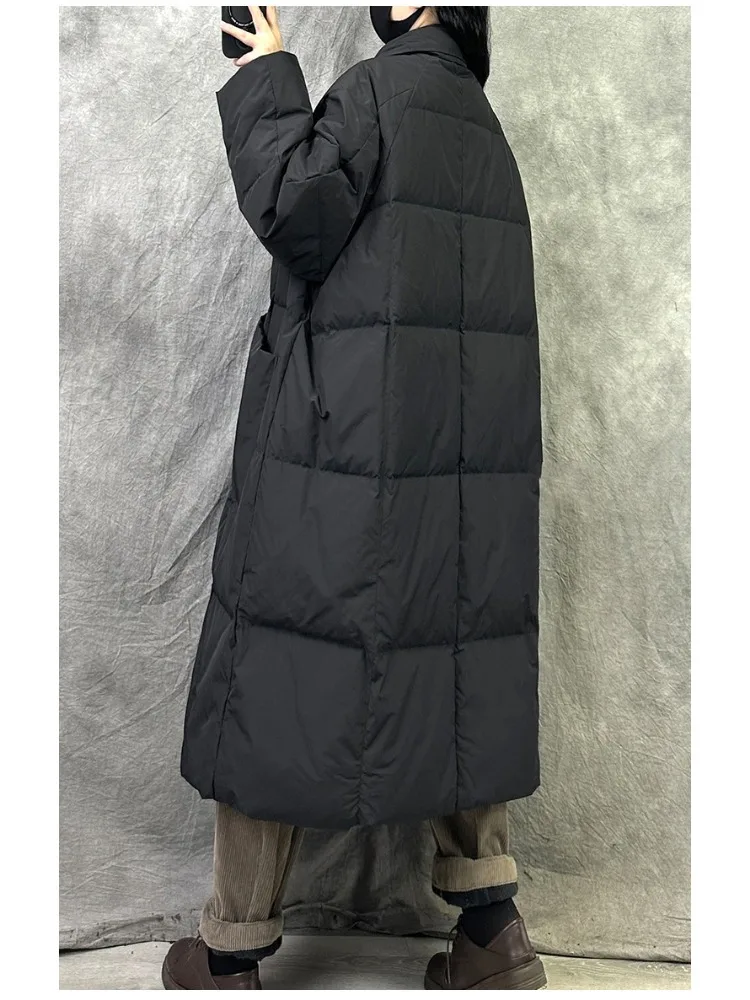 Winter Oversized Warm Down Long Coats Women's White Duck Down Trench Coat Quilted Pockets Thick Loose Down Jacket Outerwear
