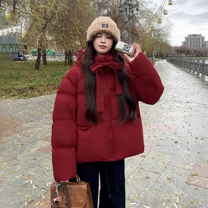 

Women's Padded Jacket Autumn Winter Korean Style Loose Cotton Jacket New Coat Winter Hooded Red Zipper Retro hooded zipper tops
