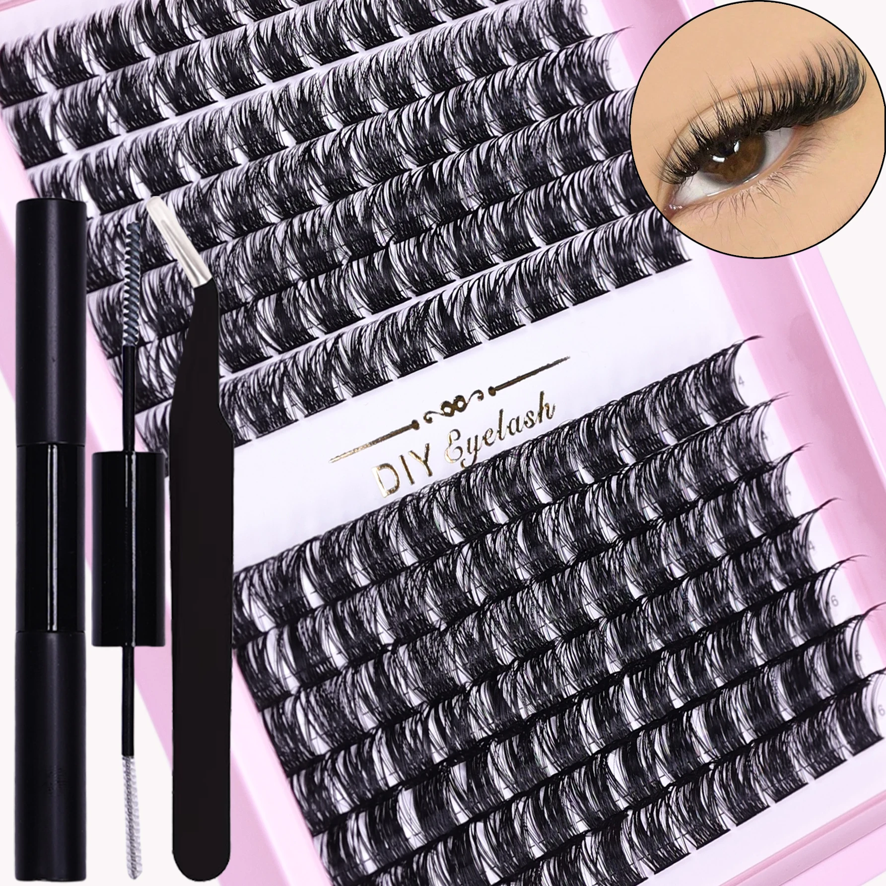 Eyelashes DIY Kit with 168pcs D Curl Individual Lashes Cluster, Adhesive, Sealant and Tweezers for use at home