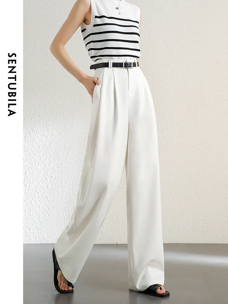 SENTUBILA Cotton High Waist Baggy Pant Women 2024 Summer Straight Wide Leg Casual White Pants Comfort Women's Trousers 141K53821