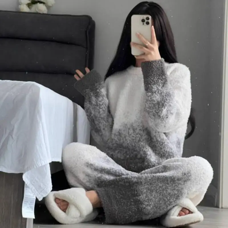 플러시 코랄 플리스 여성 파자마 세트 여성용 따뜻한 겨울 파자마 패셔너블 홈웨어 파자마 귀엽고 부드러운 파자마 세트