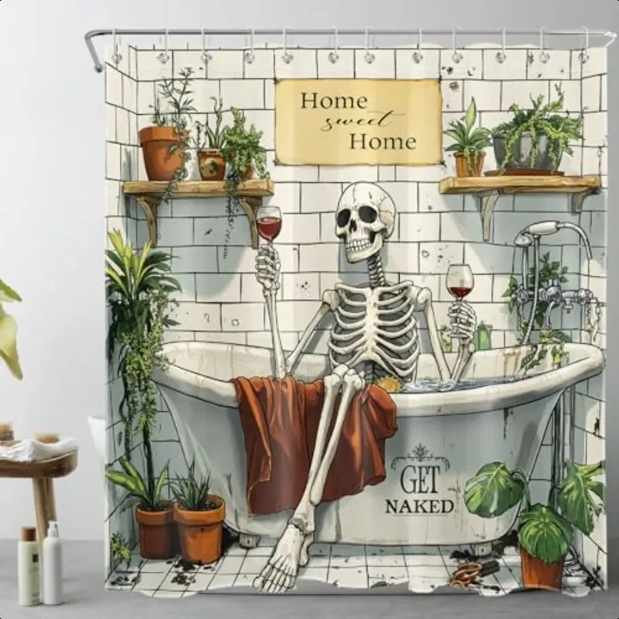 Cortina de ducha con esqueleto de calavera para baño, esqueleto gótico divertido en bañera y planta verde, cortina de ducha en maceta, murciélago desnudo