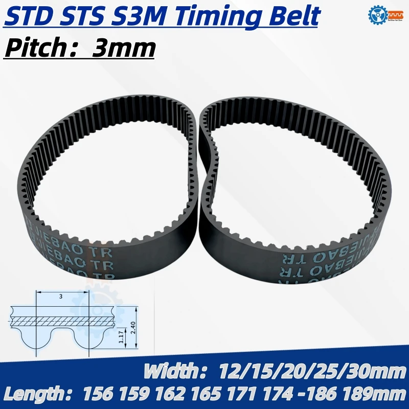 STS STD S3M Timing Belt Length 156 159 162 165 171 174 177 180 183 186 189-S3M Width 12 15 20 25 30mm Rubber Closed-Loop Pulley