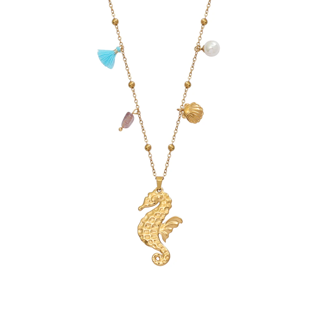 

JINHUI Ocean Series Gold Color Choker Stainless Steel Pendant Necklace for Women Shell Starfish Seahorse Conch Jewelry