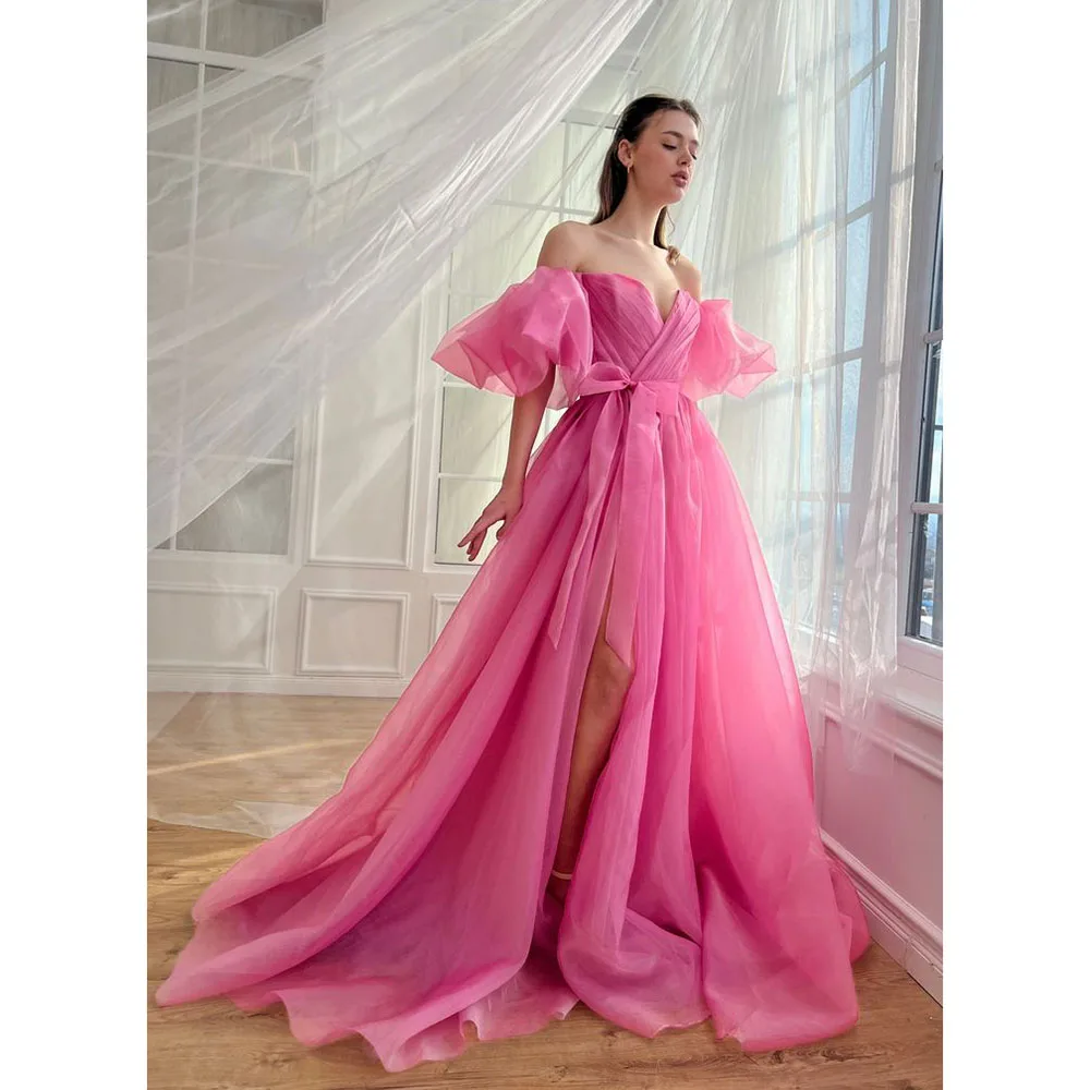 Elegant Pink Women Prom Dresses Sweetheart Floor Length Short Sleeves High Side Split Party Daily Fashion Chic Female Ball Gowns