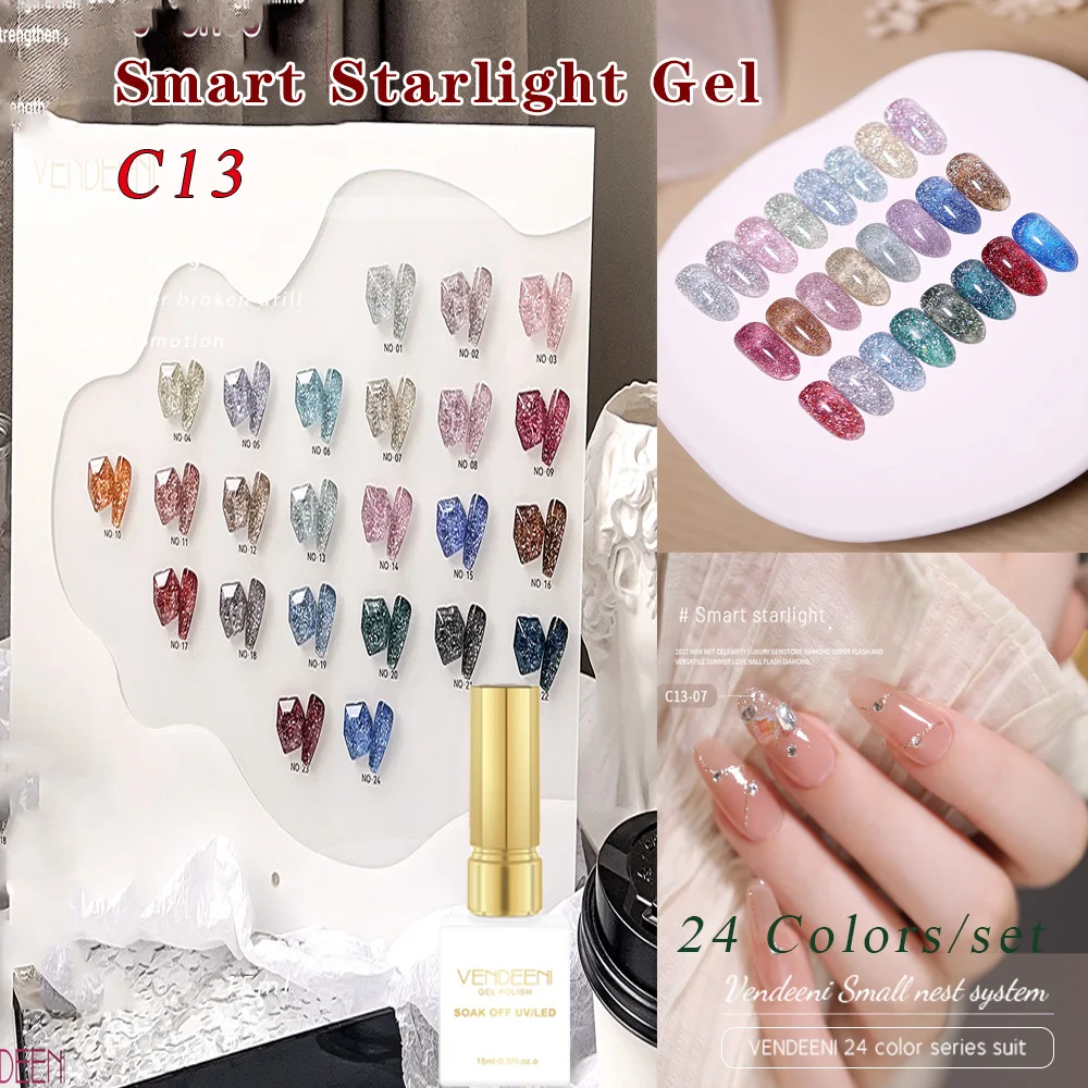

Vendeeni 24 Colors Glitter Broken Diamond Gel Nail Polish Flash UV LED Soak Off Reflective Manicure Gel Varnish TPO/HEMA FREE