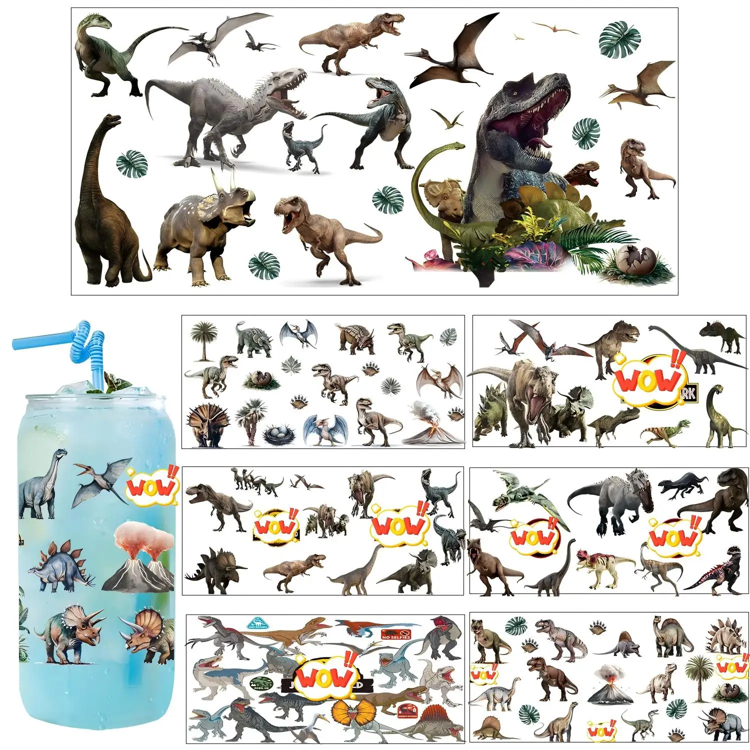 Dinosaur World UV DTF easy peel waterproof DIY Decals Retro Beauty 3D transfers uvdtf crystal sticker 16oz uv dtf cup wraps