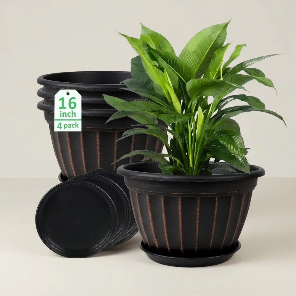 

4 Pack 16 Inch Plant Pots with Drainage Holes and Saucer, Retro Vertical Stripe Design for Indoor Outdoor Garden Plants