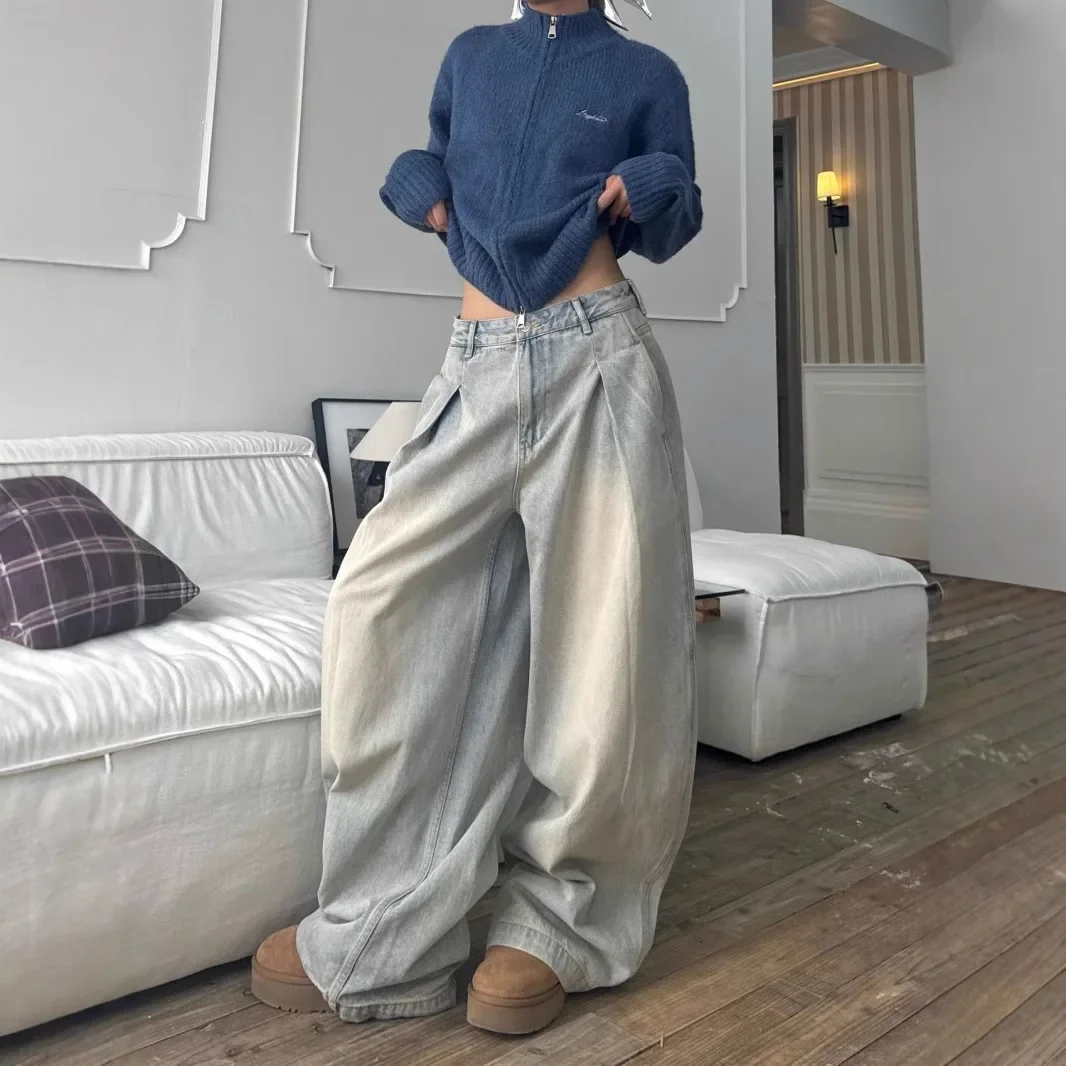 High Street Vibe Jeans Washed Make Old Pleated Straight Wide-leg Pant Loose Casual Mopping Trousers Y2k Street Pantalones Cowboy