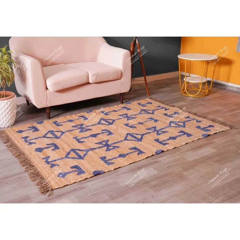 Natural Jute Handwoven Cotton Rug with Light Blue Design Rug Fringes Jute Rug