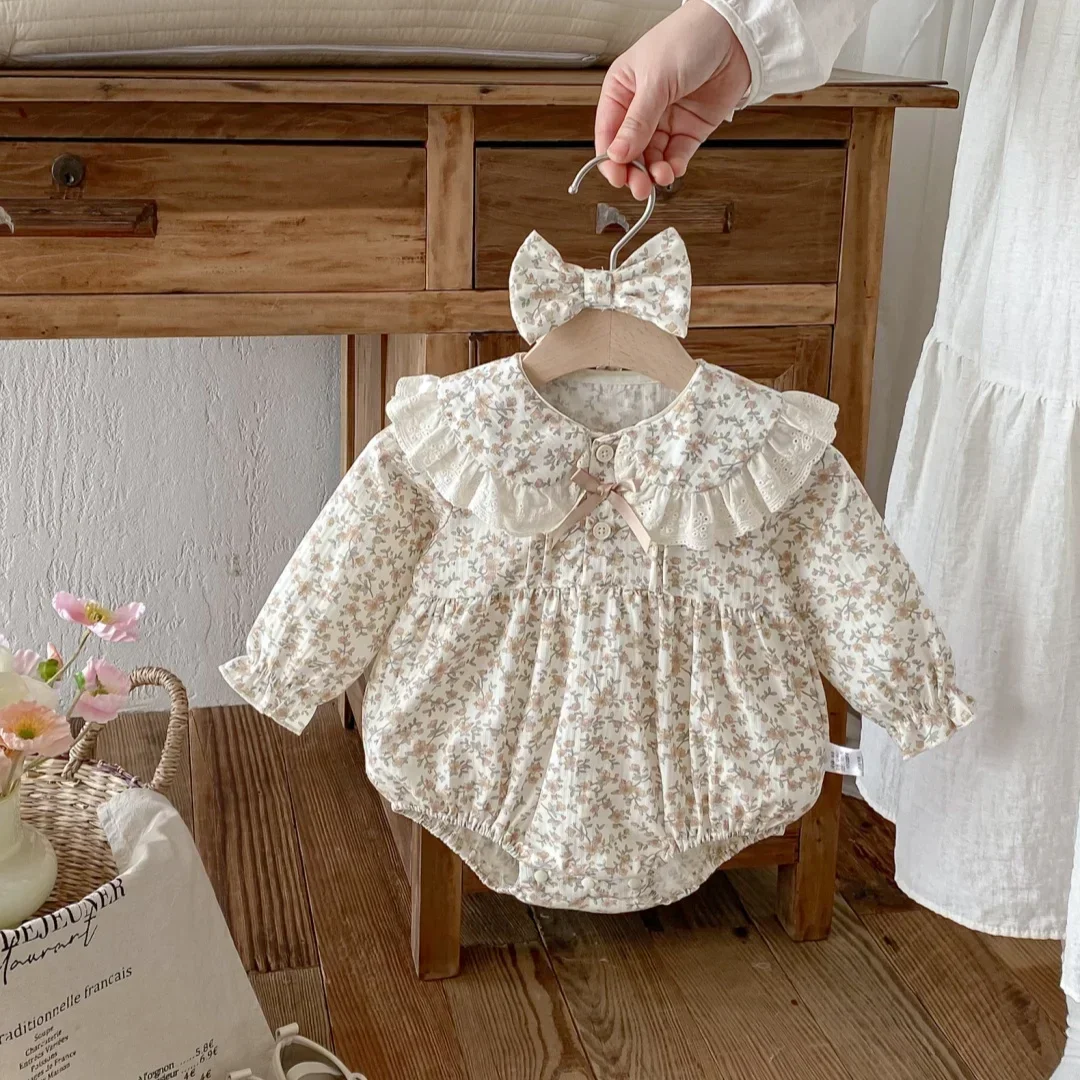 Infant Baby Kleidung 0-2Y Neugeborenen Entzückende Strampler Frühling Baby Mädchen 2Pcs Sets Floral Peter Pan Kragen Body und Stirnband