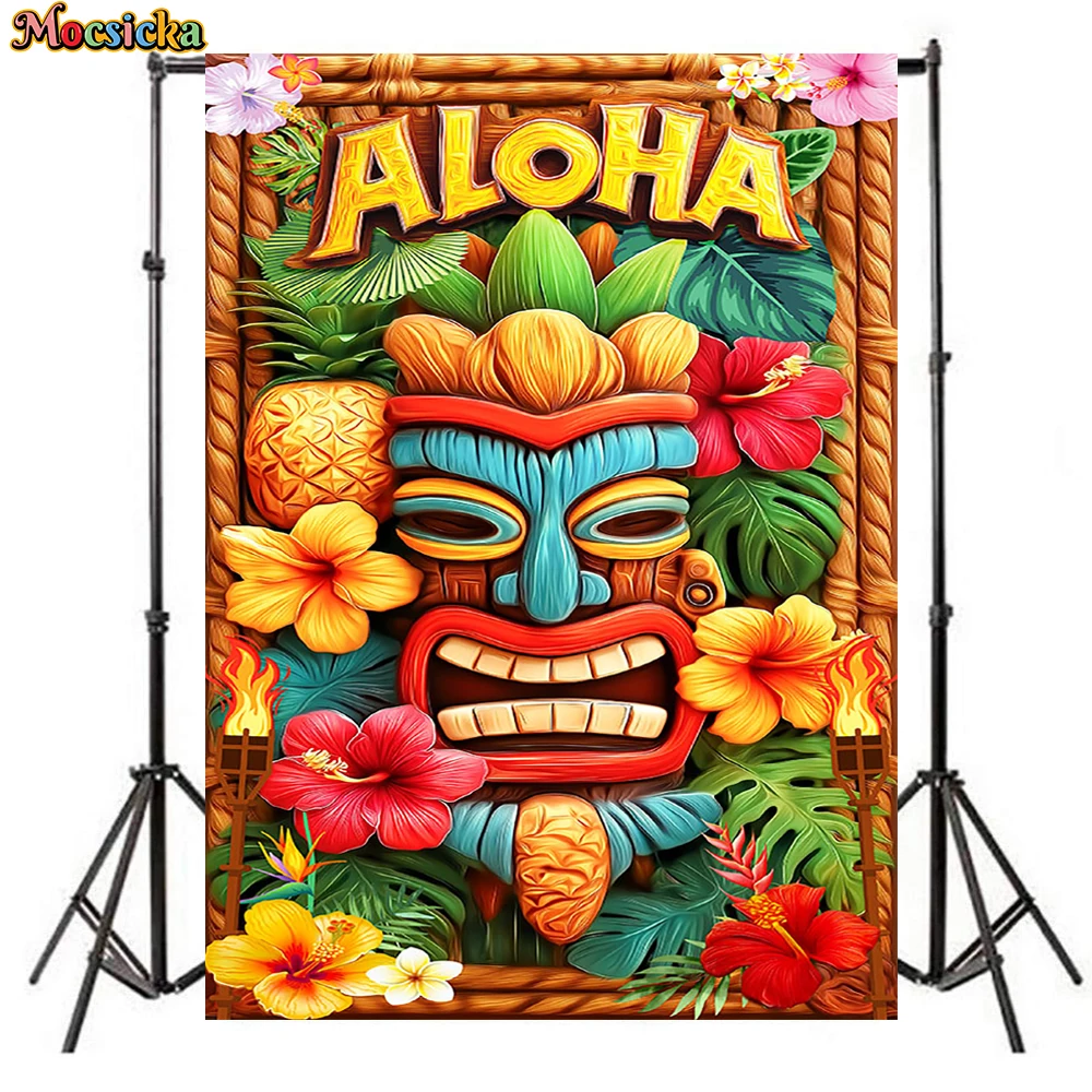 Mocsicka Aloha Tiki Mask Photography Backdrop Hawaiian Luau Party Baby Photo Background Tropical Hibiscus Pineapple Studio Props