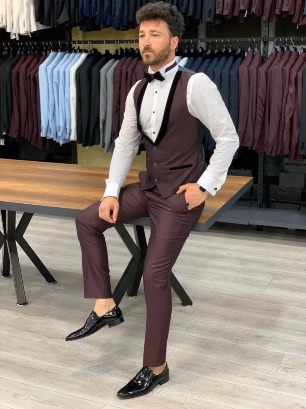Wine Red Suit Set 3 Pieces For Men Banquet Party Wear,Spring Autumn Men's Slim Fit Tuxedo Dancing Sets,2026 Newest Man Suits