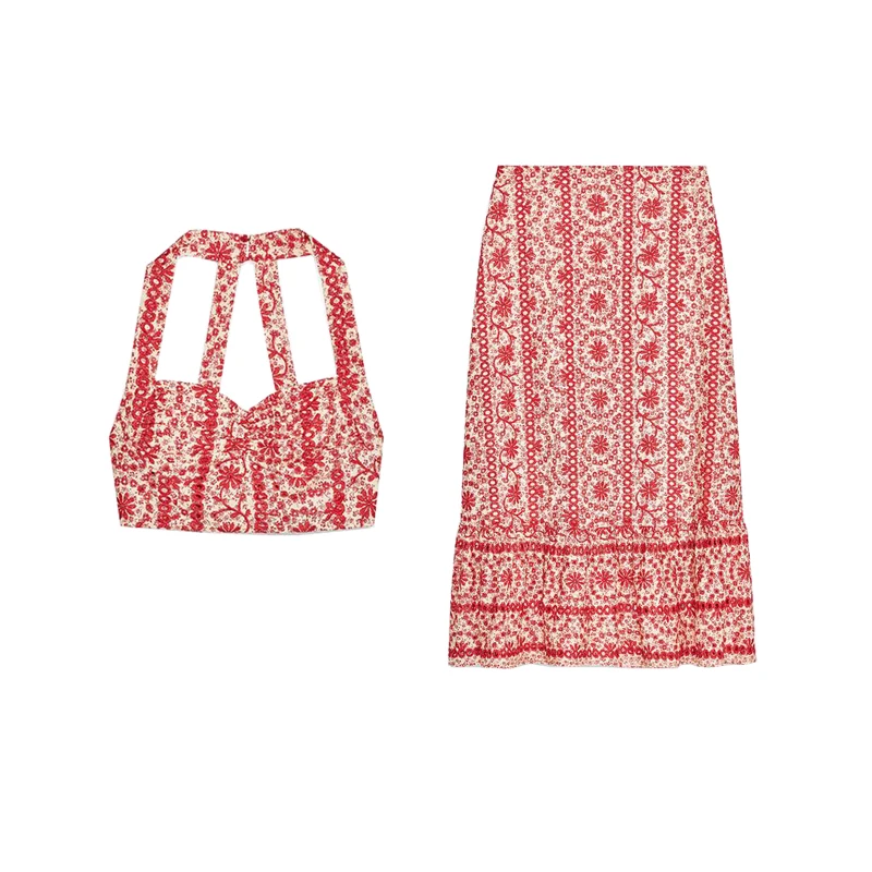 

Faionable Summer ort Top V-Ne Embroidered Hollow out High Waist Midi Skirt Two-Piece Set round Ne Svel Outfit