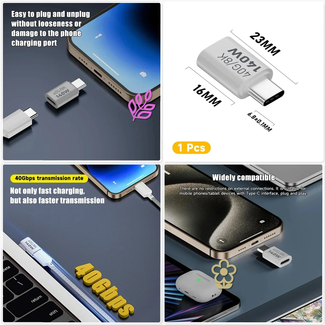 140W USB C Adapter Type C Female to Male 40Gbps Data Sync 8K 60Hz PD 3.1 Tablet External Monitor Display
