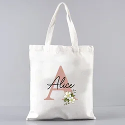Personalized Name White Canvas Bag Customized Folding Reusable Supermarket Shopping Bag Women Large Capacity Casual Shoulder Bag