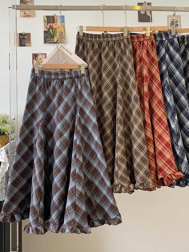

Ретро-шик юбка в клетку миди, женская свободная юбка А-силуэта, юбка-зонтик, новинка весны, с деревянной отделкой, повседневная юбка