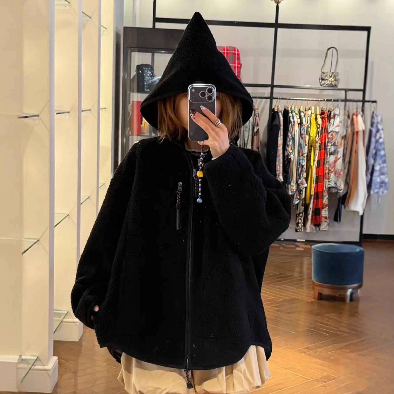 سترة شتوية نسائية جديدة من Saturn بغطاء للرأس من الصوف باللون الأزرق والرمادي الدافئ