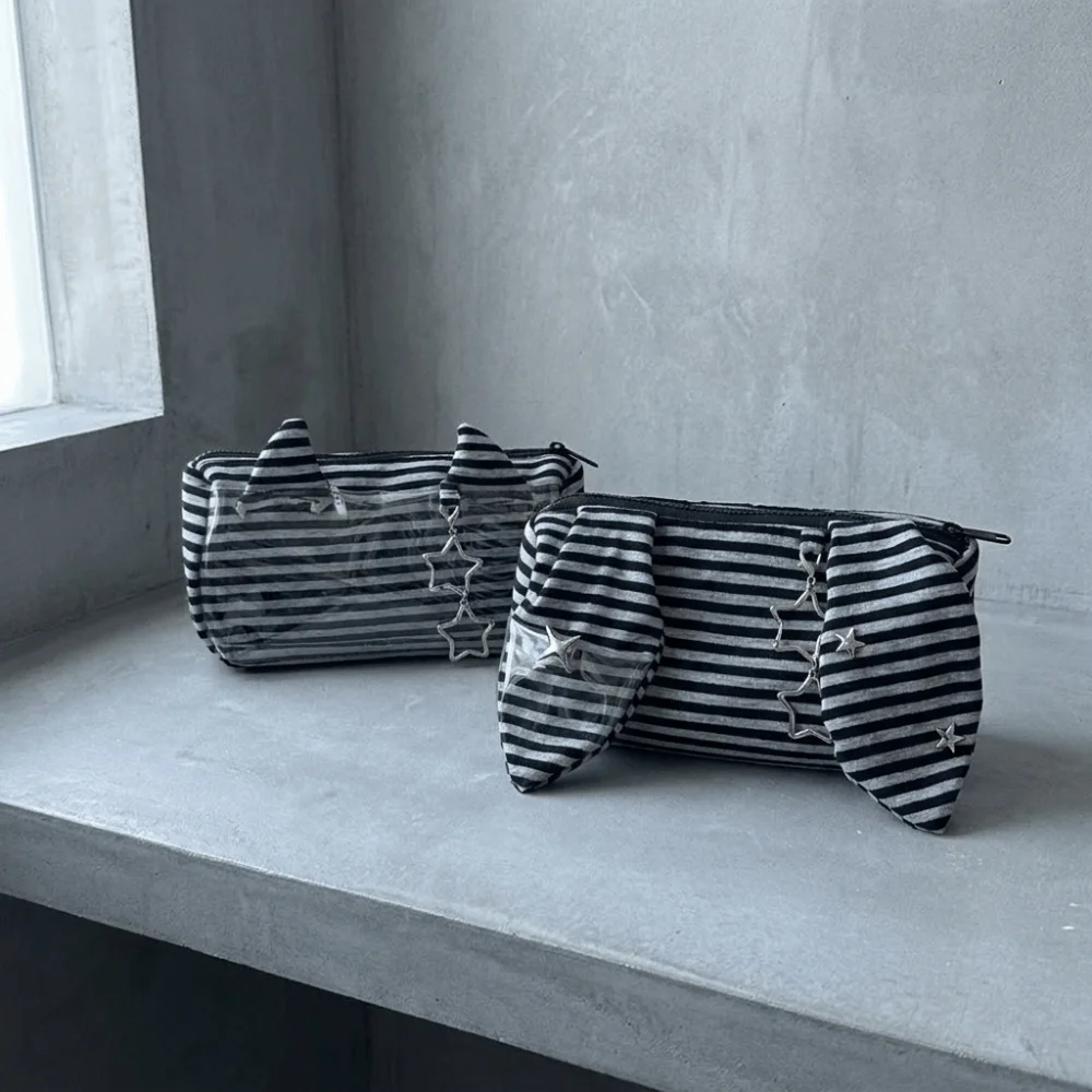 Multi-functional Striped Pencil Case Large Capacity Rabbit Ear Stationery Organizer Clear PVC Black and Gray