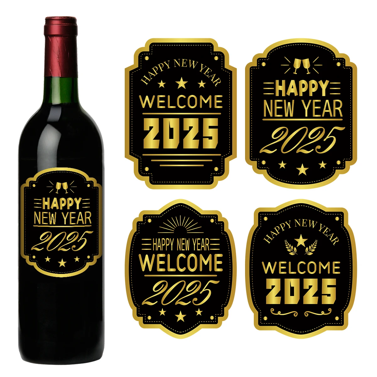 8-Pack Happy New Year 2025 Wine Bottle Labels Stickers,Black and Golden Festive Adhesive Stickers for New Year's Eve Celebration