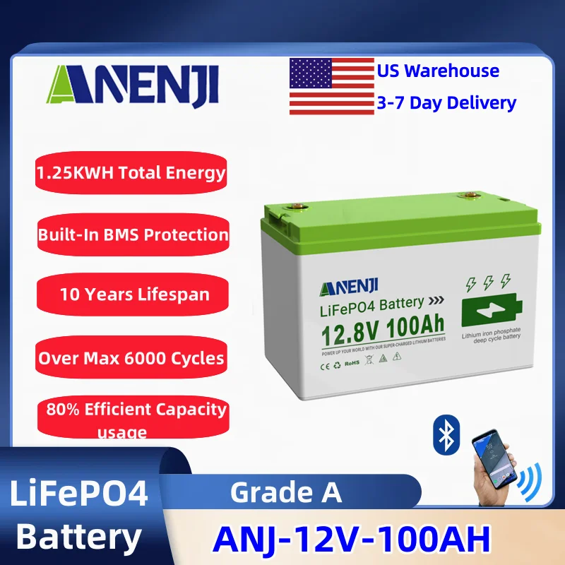 

ANENJI 12V 100AH Solar Battery LiFePO4 Lithium Battery With BMS 6000+ Cycles Car lighter Campervan Batteries