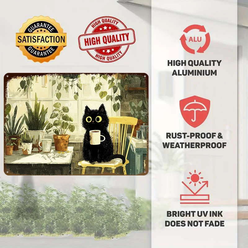 Morning Ritual – Black Cat With a Cup Metal Poster Customized Wall Art Retro Vintage Metal Signs for Man Cave Decoration Gaming