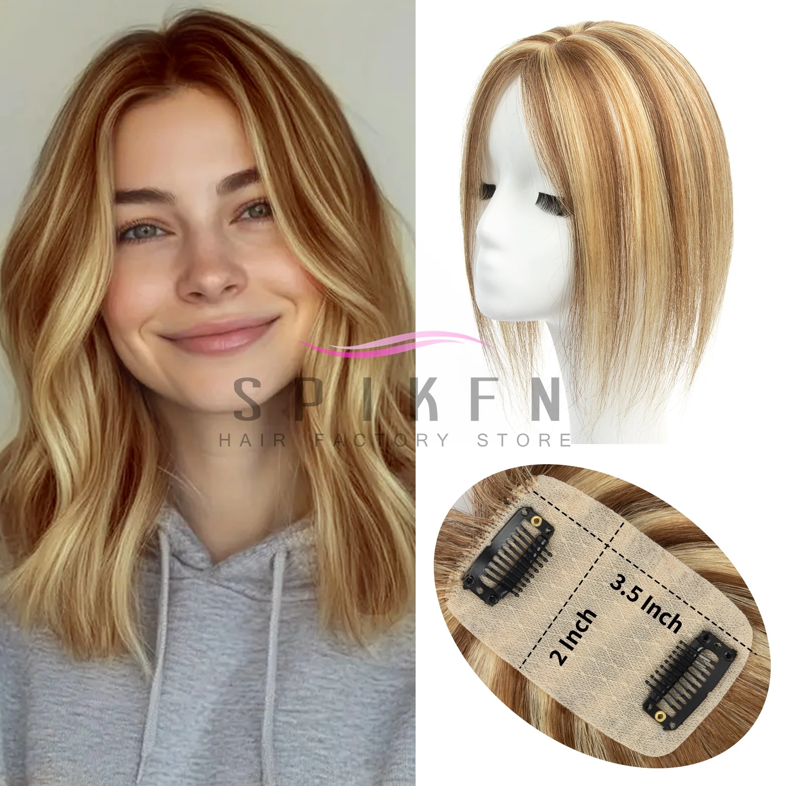 

SPIKEN 5x9cm Human Hair Piece Topper Injected Silk Skin Base Topper Toupee Natural Scalp Clip In Hairpiece no Bangs for Women