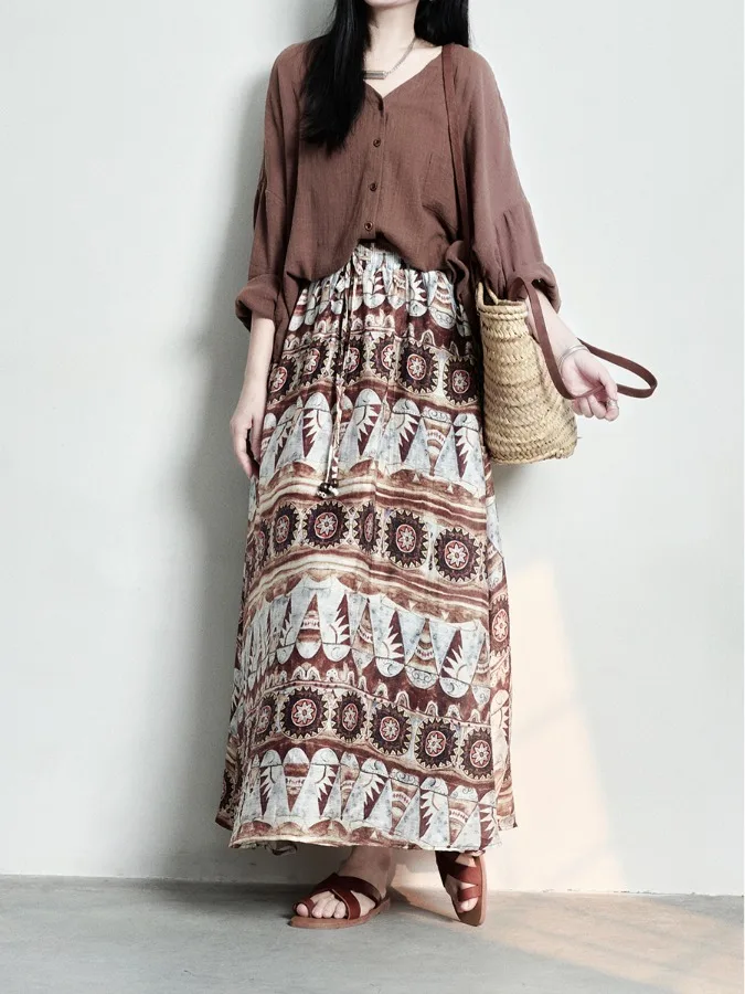 Bohemian Print Midi Skirt Women's Commuter Style mid Waist Loose Fit Casual A-Line Skirt Summer Collection 2025