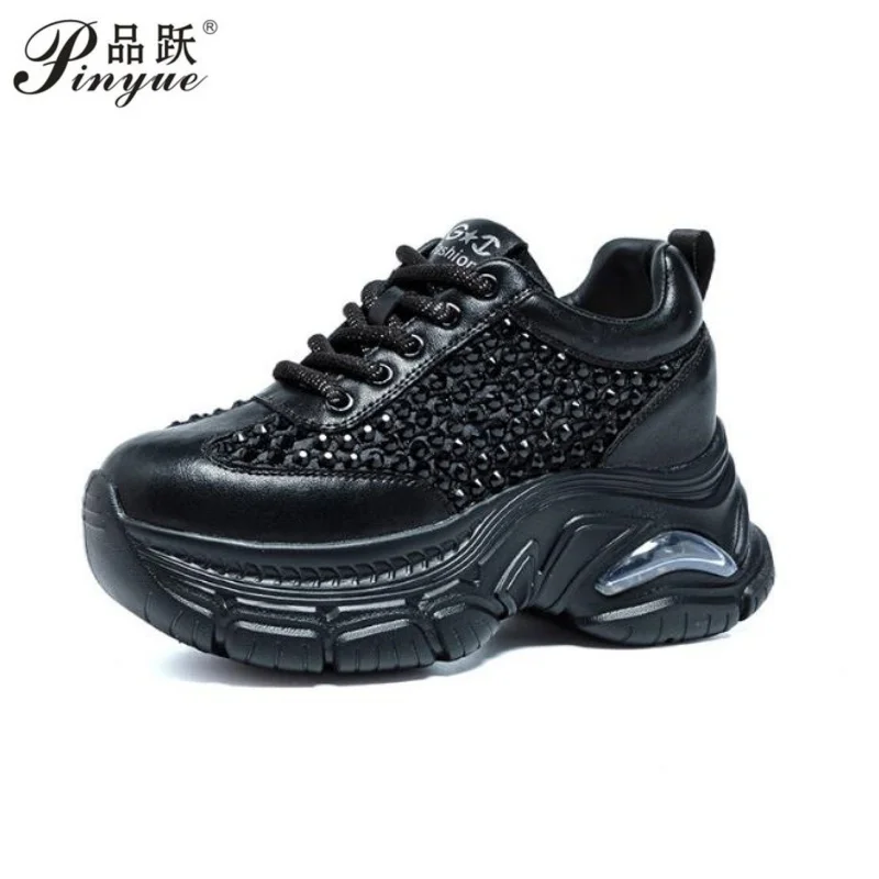 

8 см женская весенне-осенняя повседневная обувь со стразами, модные кроссовки на платформе и высоком каблуке, прогулочная вулканизированная обувь на массивном каблуке, размеры 35-40