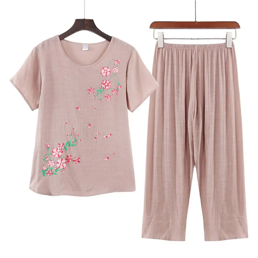 2 Pcs/Set Elderly Ladies Pajamas Loose Short Sleeve Flower Print Ealstic Waist Straight Pants Mother Pajams Suit Female Clothes