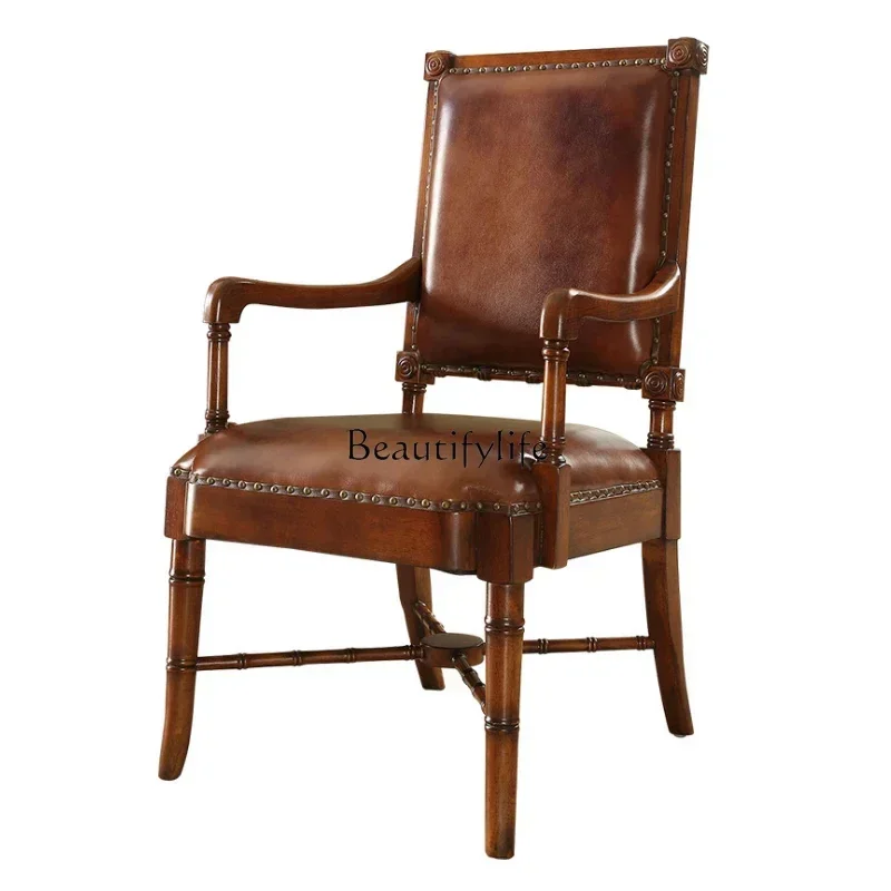 

American-style Desk Computer Chair European-style Genuine eather Boss Solid Wood Armrest eisure Backrest Chair