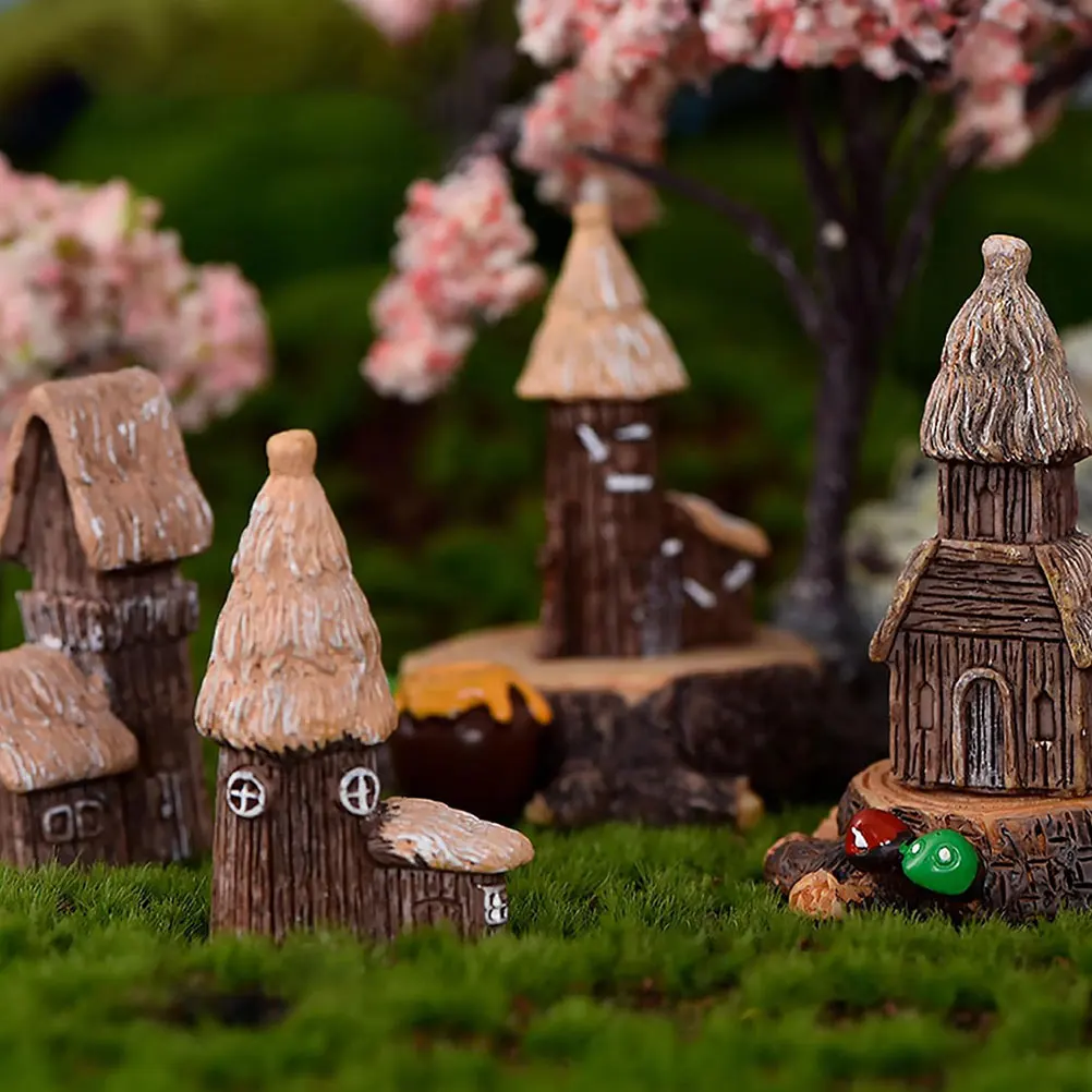 

4 Mini Wooden Castle Decorations Home Desk Fairy House Resin Craft L nament Garden Decor Miniature Cottage
