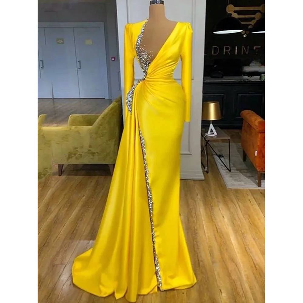 Fashion Sequins Beaded Women Evening Dresses Yellow Long Sleeve V-Neck Sexy Mermaid Party Gowns Chic Satin Pleats Prom Dresses