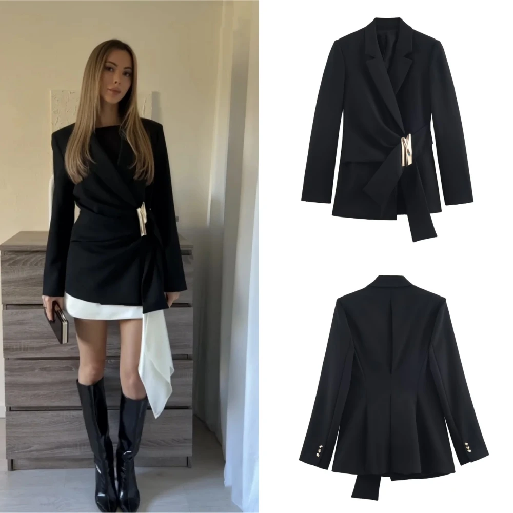 

Office Lady Elegant Lapel Sequined Button Black Blazers Autumn Chic Long Sleeve Loose Women Jacket Coat 2025 New Women Outwear