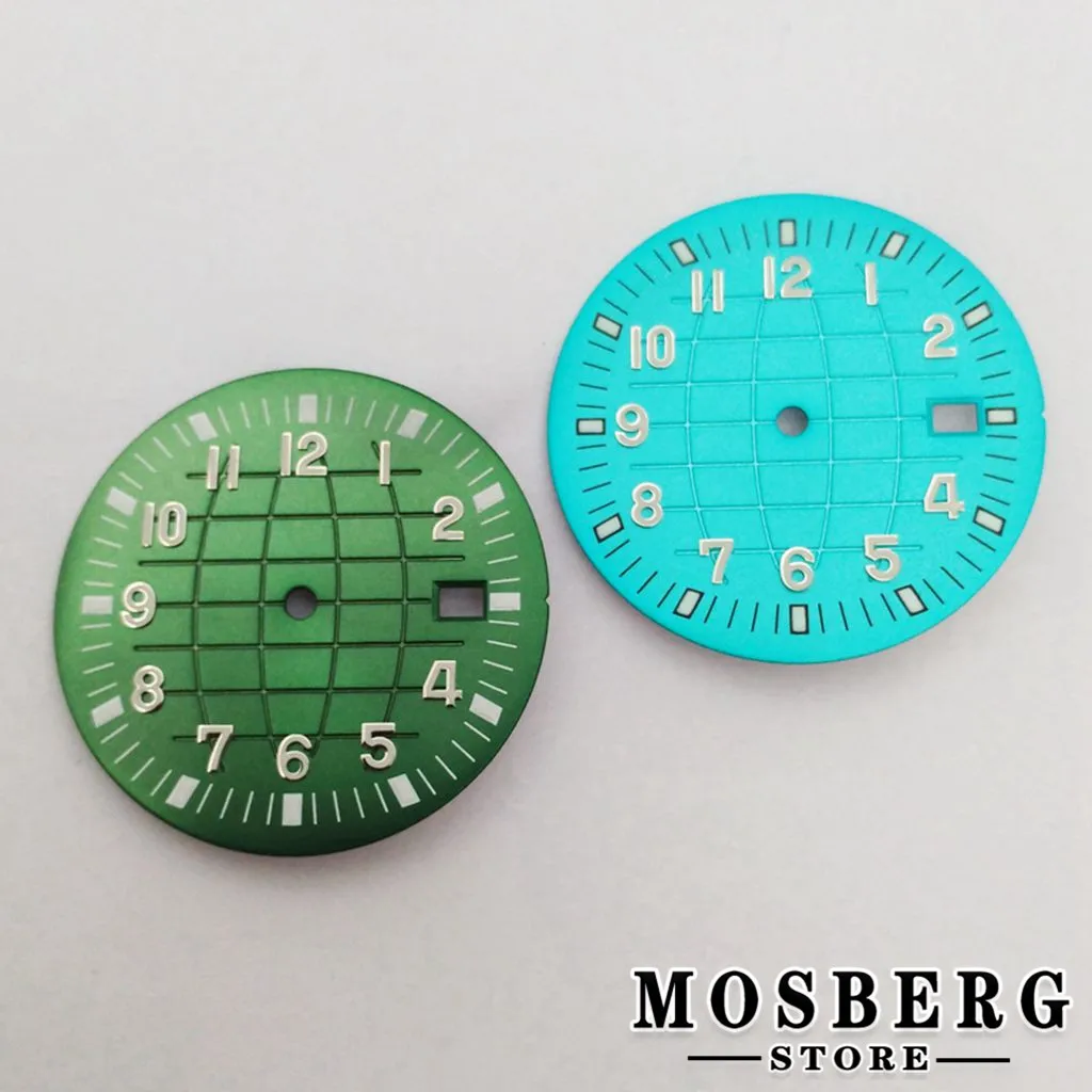 33mm Sterile Green Luminous Watch Dial With Date Window Earth Pattern For NH35 NH35A Watches Movement Parts