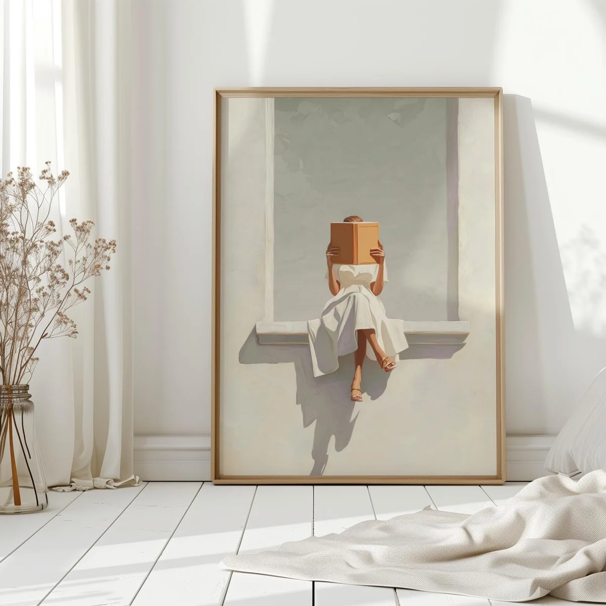 Woman Reading Books Canvas Print Poster Modern Neutral Minimalist Art Prints Living Room Bedroom Wall Art Home Decor Art Poster