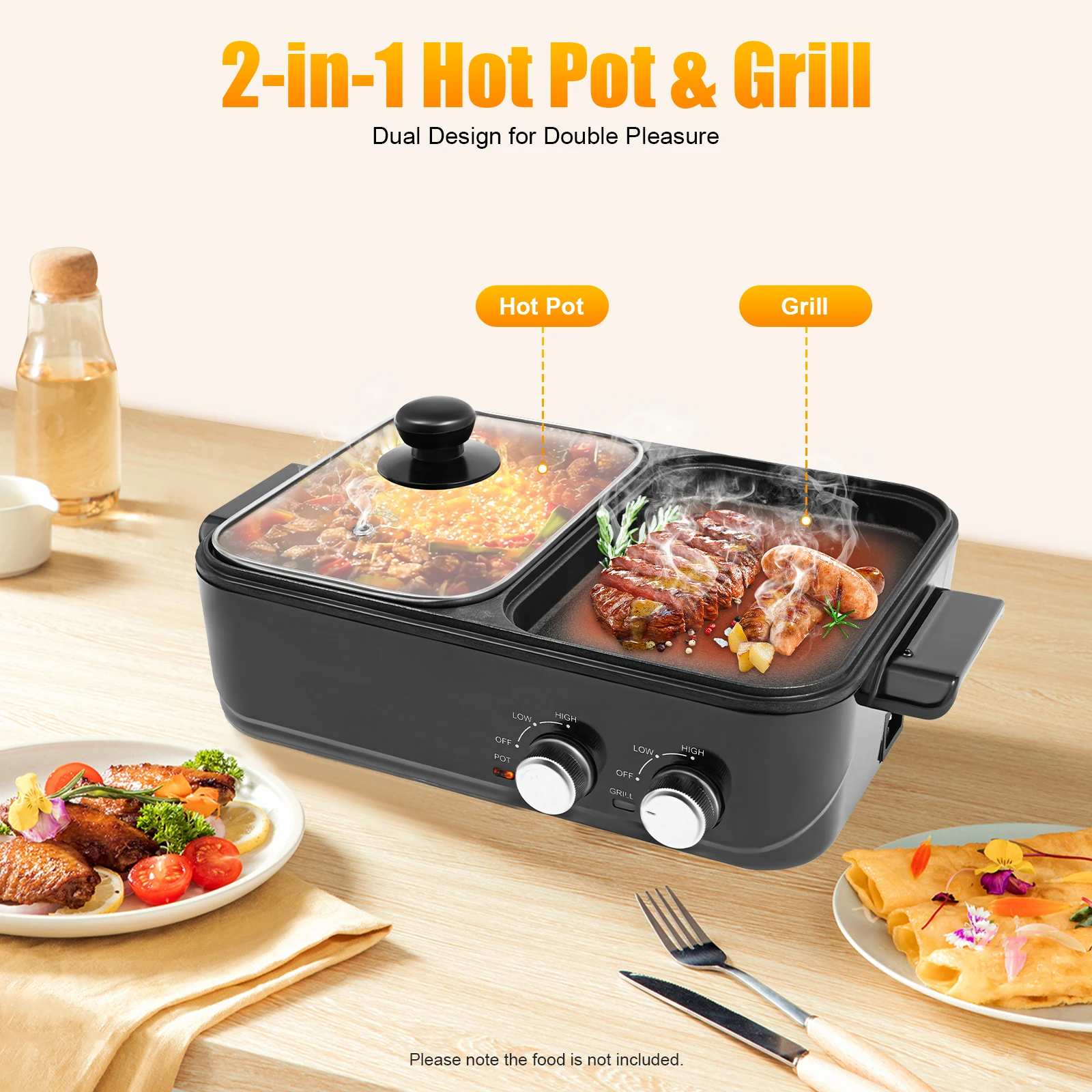 Olla caliente eléctrica 2 en 1 con parrilla, control de temperatura dual independiente, calentamiento rápido para carne, verduras, mariscos, pasta