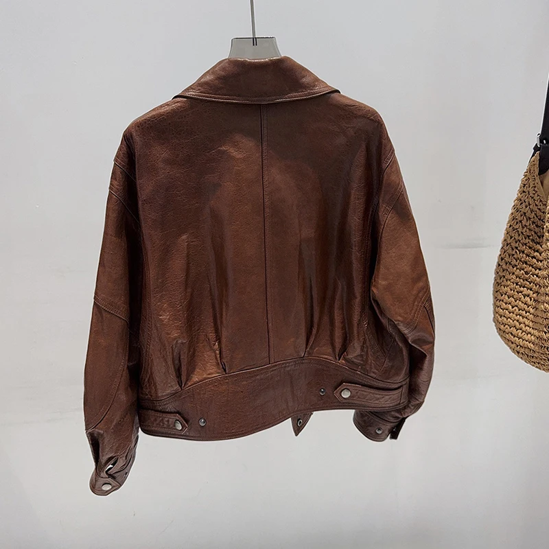 Giacche in Vera Pelle di Pecora Importata per Donna, Cappotti Casual Marrone/Caffè, Giacche in Pelle Cerata Larga in Pelle di Agnello