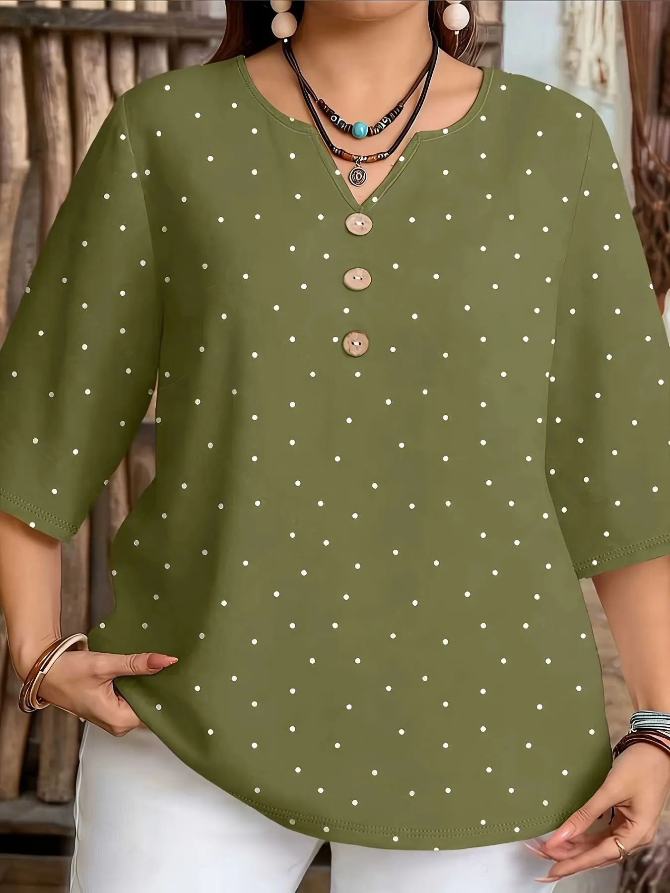 Women Notch V Neck 3/4 Sleeve Blouse Polka Dot Leaf Floral Print Loose Casual Daily Shirts