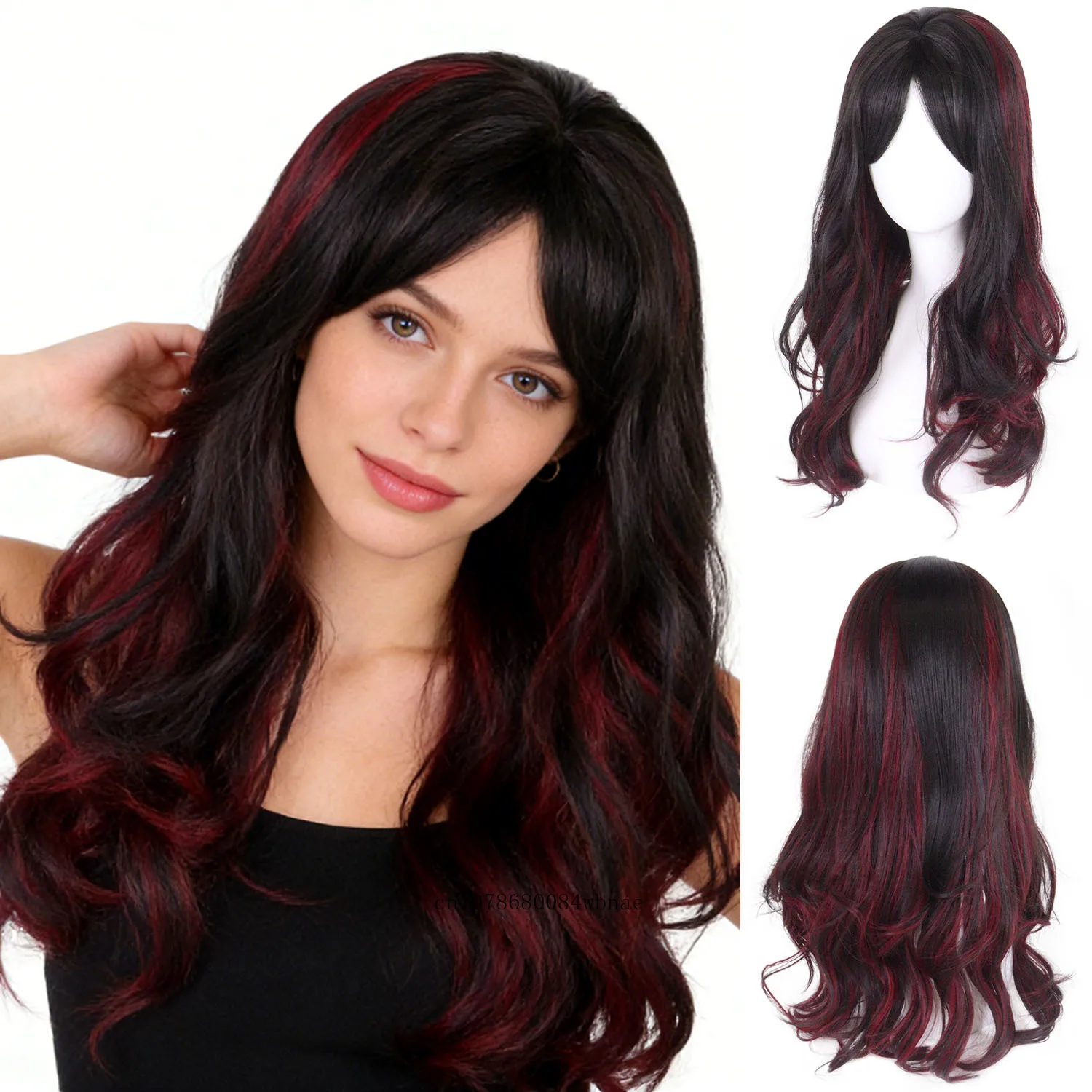 

Женский длинный кудрявый парик из синтетического волокна, красный с черным, с имитацией натуральной кожи головы, для Хэллоуина, повседневного использования, косплея, парик для мам с челкой