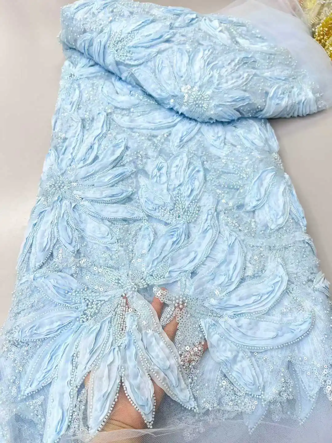 

Luxury African Beads Lace Fabrics Latest Sequin Lace Fabric 5 Yards High Quality 2026 Lace Fabric Nigerian For Wedding Dress