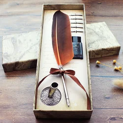 Calligraphy Goose Feather Pen Dip Fountain Pen Quill Set Retro Gift Box inclue Ink 5 Replacement Nibs Metal Carving Pen Holder