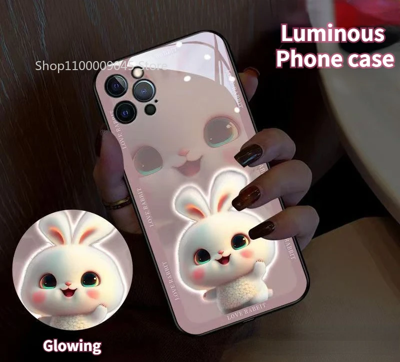 

So Cute Rabbit LED Glowing Glass Back Phone Case For Samsung S24 S22 S23 Note 20 10 A73 A54 A14 Plus Ultra Light Luminous Cover