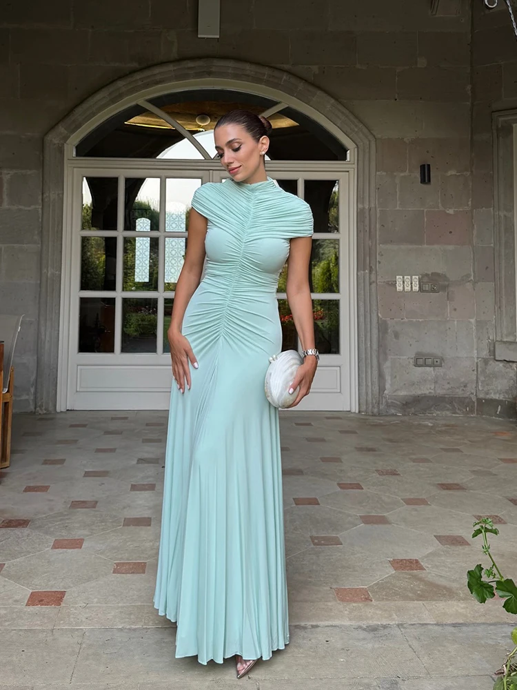 ชุดเดรสยาวทรงเข้ารูป คอเต่า จับจีบ แขนสั้น สำหรับผู้หญิง เหมาะสำหรับงานปาร์ตี้ งานพรอม หรืองานเลี้ยงต่างๆ ดีไซน์หรูหรา  คอลเลคชั่นใหม่ 2025