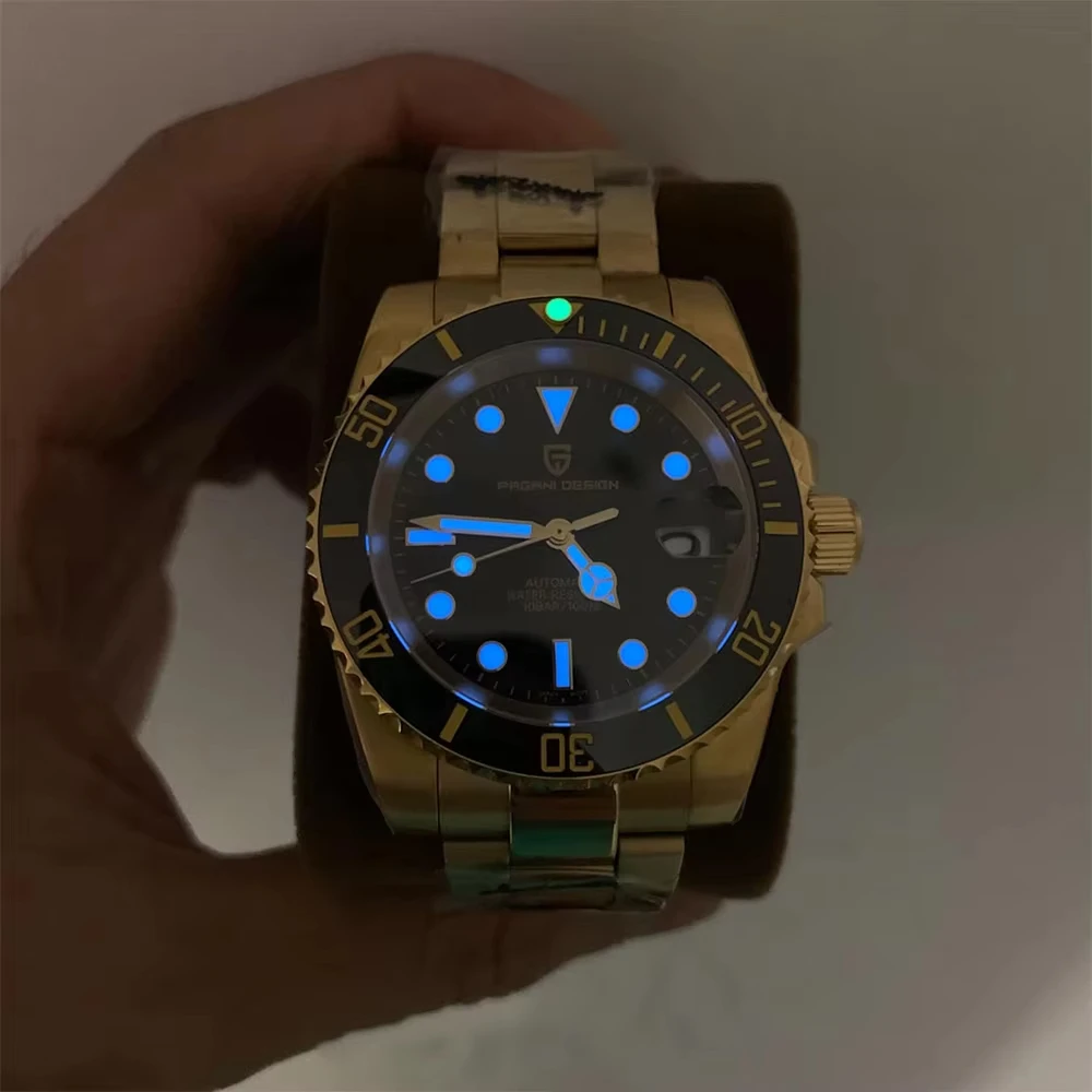 PAGANI DESIGN-reloj mecánico automático para hombre, cronógrafo de acero inoxidable con zafiro japonés NH35, caja dorada, resistente al agua, 40MM