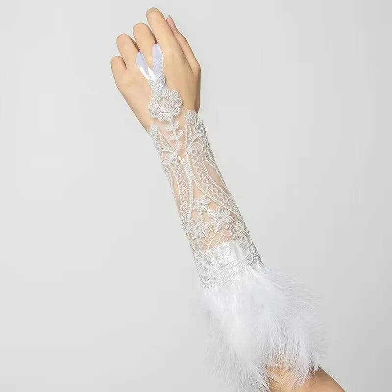 Fashion High Quality Elegant Long Lace Gloves Fingerless Elbow Wedding Bride Gloves Halloween Elegant  Accessory With Feathers