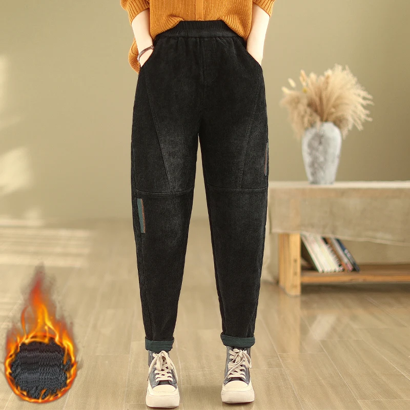 

Fleece Thicken Women Warm Casual Pants Autumn Winter Literary Loose Vintage Elastic High Waist Fashion Simple All-Match Trousers